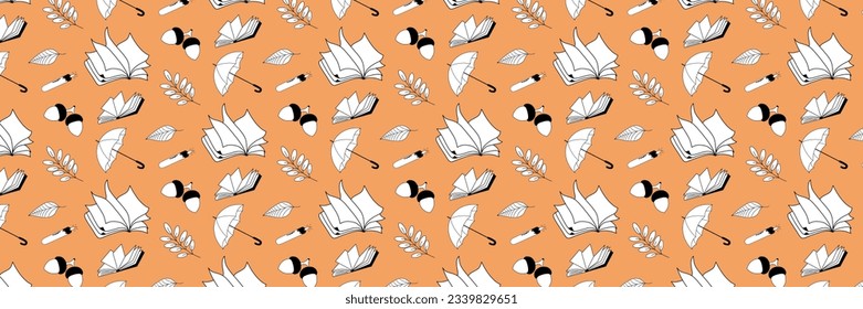 Big autumn seamless pattern. Cartoon black and white illustration with autumn symbols and attributes