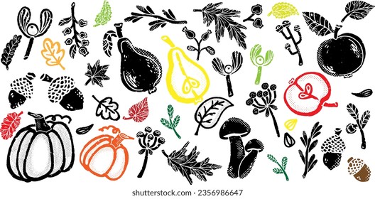 Big autumn set, collection of elements. Texture graphics. Vector