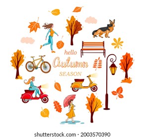 Big autumn set for creating banners and cards. Yellow leaves, trees, bench lantern, girl. Cartoon style. Vector illustration for design and decoration.
