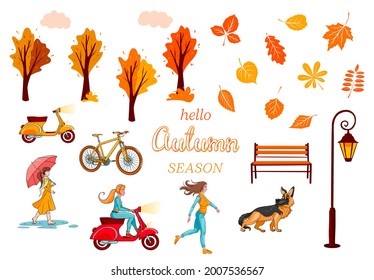 Big autumn set for creating banners and cards. Yellow leaves, trees, bench lantern, girl. Cartoon style. Vector illustration for design and decoration.