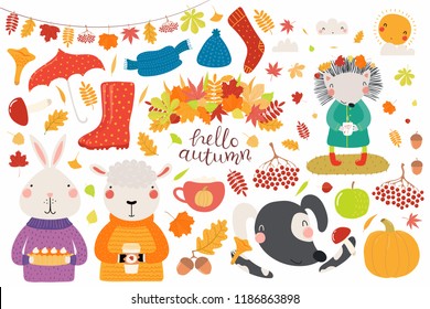 Big autumn set with cute animals sheep, bunny, dog, hedgehog, leaves, food. Isolated objects on white background. Hand drawn vector illustration. Scandinavian style flat design. Concept for kids print