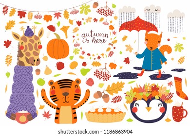 Big autumn set with cute animals penguin, giraffe, squirrel, tiger, leaves. Isolated objects on white background. Hand drawn vector illustration. Scandinavian style flat design. Concept for kids print