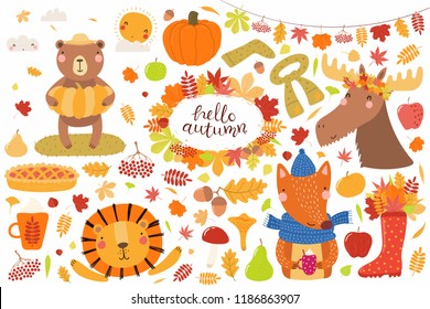 Big autumn set with cute animals bear, lion, moose, fox, leaves, food. Isolated objects on white background. Hand drawn vector illustration. Scandinavian style flat design. Concept for children print.