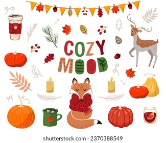 Big autumn set of cute elements. Forest animals, leaves, garland, warm drinks. Cozy mood. Editable vector doodle stickers on white background.