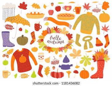 Big autumn set with leaves, acorns, food, pies, mugs, clothes, quote Hello Autumn. Isolated objects on white background. Hand drawn vector illustration. Flat style design. Concept for season change.