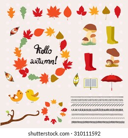 Big autumn set with leaves, mushrooms, rubber boots, book, umbrella, birds, branches and hand drawn design elements, lines. Vector illustration isolated on white background.