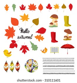 Big autumn set with leaves, mushrooms, rubber boots, book, umbrella, birds, branches and hand drawn design elements, lines. Vector illustration isolated on white background.