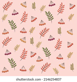 Big autumn set on a light pink background. Rowan (berry) in different shades of red and rowan leaves in autumn colors. Flat design. All objects are isolated.