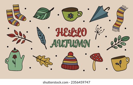 Big autumn set. Vector illustration, hand drawing.