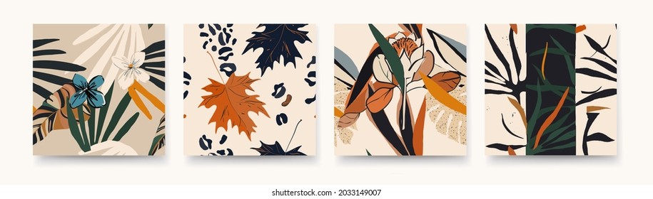 Big autumn time pattern set with plants, leaves and leopard skin. Fashionable vector template for design. Modern cartoon style. 
Pastel natural colors.