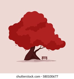 Big autumn tree. Bench under the tree. Vector illustration. Nature, loneliness.
