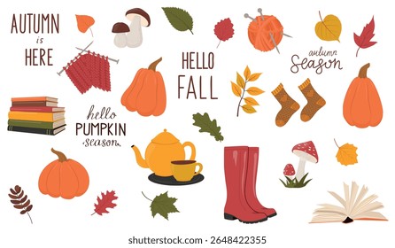 Big autumn vector elements set. Leaves, pumpkins, books, mushrooms, tea. Cozy fall hand drawn vector illustration 