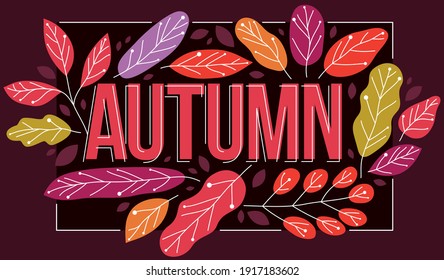 Gran palabra otoñal rodeada de hojas rojas y amarillas de los bosques europeos vectorial ilustración de estilo plano sobre el fondo oscuro, la belleza de la naturaleza cae concepto estacional.
