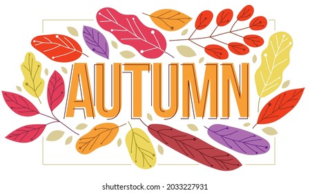 Big autumn word surrounded by red and yellow leaves of European forests vector flat style illustration isolated on white, beauty of nature fall seasonal concept.