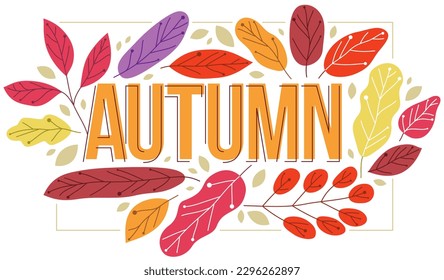 Big autumn word surrounded by red and yellow leaves of European forests vector flat style illustration isolated on white, beauty of nature fall seasonal concept.