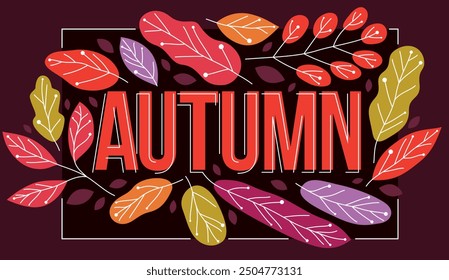 Big autumn word surrounded by red and yellow leaves of European forests vector flat style illustration on dark background, beauty of nature fall seasonal concept.