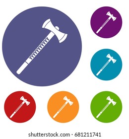 Big ax icons set in flat circle red, blue and green color for web