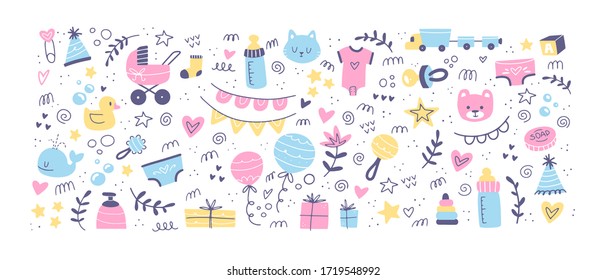 Big Baby care hand drawn illustration set. Scandinavian style vector illustration. Baby shower party elements. Cute animals, stroller, balloons, duck, gift elements. Isolated in white background. svg