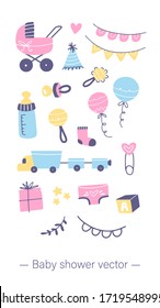 Big Baby care hand drawn stickers set. Scandinavian style vector illustration. Baby accessories. Cute animals, stroller, balloons, duck, gift elements. Isolated in white background.