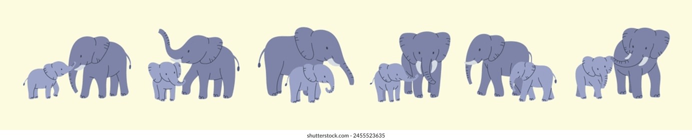 Big and baby elephant set in various poses. Animal wildlife. Flat cartoon style vector illustration