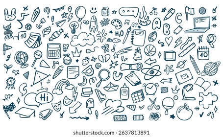 Big back to school doodle set. Hand-drawn vector line art with books, pencils, backpacks, rulers, and other school supplies. Great for prints, posters, and digital designs.