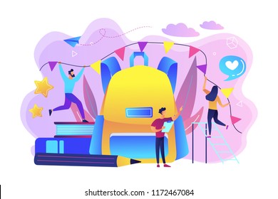 Big backpack, books, teacher and students decorating with colorful festive flags. Organize back to school party, new school year celebration concept, violet palette. Vector isolated illustration.