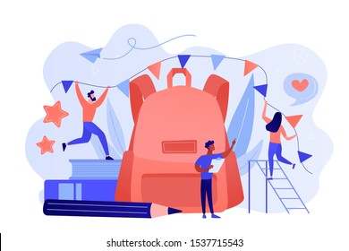 Big Backpack, Books, Teacher And Students Decorating With Colorful Festive Flags. Organize Back To School Party, New School Year Celebration Concept. Pink Coral Blue Vector Isolated Illustration.