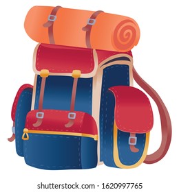 big backpack in red and blue colors for hiking and traveling fully assembled and ready for what would take with you, isolated object on a white background