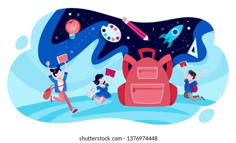 Big backpack and school chidlren around. Idea of education, knowledge and learning. Homework and brainstorm. Vector illustration in cartoon style