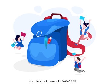 Big backpack and school chidlren around. Idea of education, knowledge and learning. Homework and brainstorm. Isolated vector illustration in cartoon style