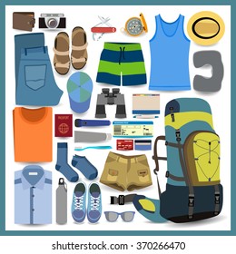 Big backpacker set. All that should be in a backpack of traveler. Necessary items for traveling with a backpack.
