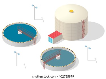 Big bacterium purifier factory on white background. Water treatment isometric building info graphic. Scientific illustration. Pictogram industrial chemistry cleaner set. Flatten isolated master vector