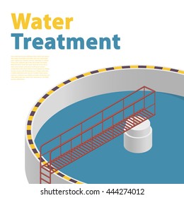 Big bacterium purifier factory on white background. Detail of water treatment isometric building info graphic. Scientific illustration. Industrial chemistry cleaner set. Flatten isolated master vector
