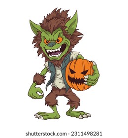 Big bad green werewolf halloween monster holding pumpkin