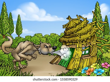 Big bad wolf character from the three little pigs fairy tale blowing down the straw house