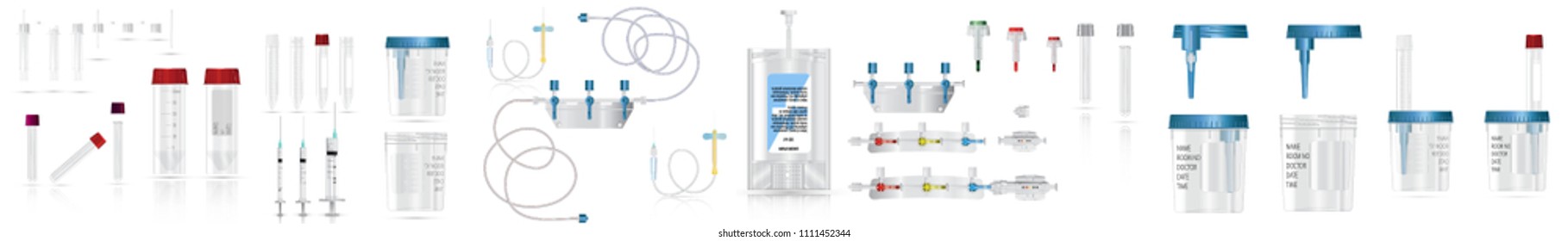 Big Bag Of Intravenous Antibiotics And Plastic Infusion Set. System For Intravenous Infusions With A Converting Device. Tube And Blood Collection Set. Vector