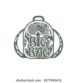 Big Bag. Silhouette of a backpack with an inscription, figures of the guy and the girl, a beacon and a globe on a cover of a bag.. Design flat template of bag and inscription can be used as a logo, pr