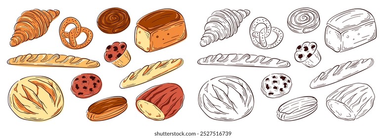 Gran panadería de comida en línea estilo de arte. Pan, pastelería, croissant, baguette, pretzel, pan, muffin, galleta. Diseño para restaurante, embalaje, menú, diseño de cafetería.