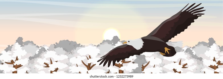 A big bald eagle flies over treetops in the snow. Animals of North America. Realistic Vector Landscape