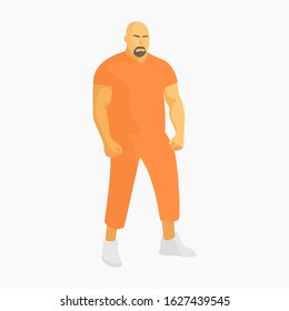 Big bald muscular prisoner. Convicted man. Male criminal arrested. Gangster in prison. Big guy with muscles. Killer man in jail. Jailhouse inmate. Jail uniform - Flat vector character illustration.