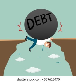 Big ball of debt on businessman who laying down across the cliff, vector illustration cartoon