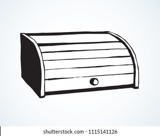 Big bamboo plank breadbin lid design on white tabletop board backdrop. Freehand outline black ink hand drawn object logo emblem in art retro scribble contour style. Isometric view with space for text