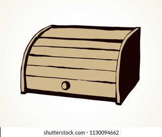 Big bamboo plank breadbin lid design on white tabletop board backdrop. Freehand outline black ink hand drawn object logo emblem in art retro scribble style pen on paper space for text. Isometric view
