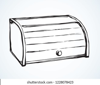 Big bamboo plank breadbin lid design on white tabletop board backdrop. Outline black ink hand drawn object.