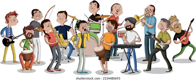 Big band with cartoon people playing on a music
