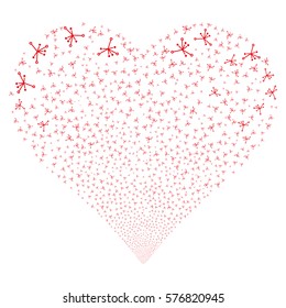 Big Bang fireworks with heart shape. Vector illustration style is flat red iconic symbols on a white background. Object salute organized from random pictographs.
