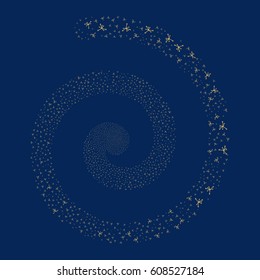 Big Bang fireworks vortex spiral. Vector illustration style is flat yellow scattered symbols. Object whirlpool constructed from random pictograms.