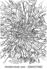 Big Bang like abstract drawing, with centrally out branching linear forms