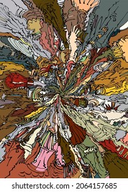Big Bang like abstract drawing, with centrally out branching linear forms with muted random coloring