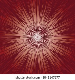 Big Bang like image, centrally arranged ray motifs intertwined to form symbolic explosion feel, dark red pattern